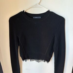Zara Black Cropped Long-Sleeve Knit Top with Lace Hem